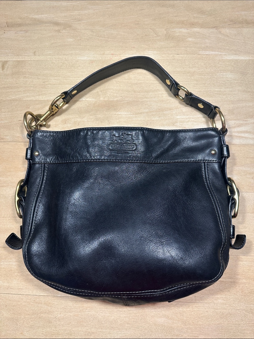 Coach Zoe Black Leather Hobo Shoulder Bag with Gold Hardware